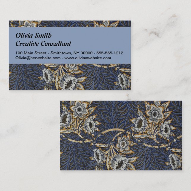 William Morris Tulpan Pilträdsmönster Blå Blommig Visitkort (Fram/baksida)