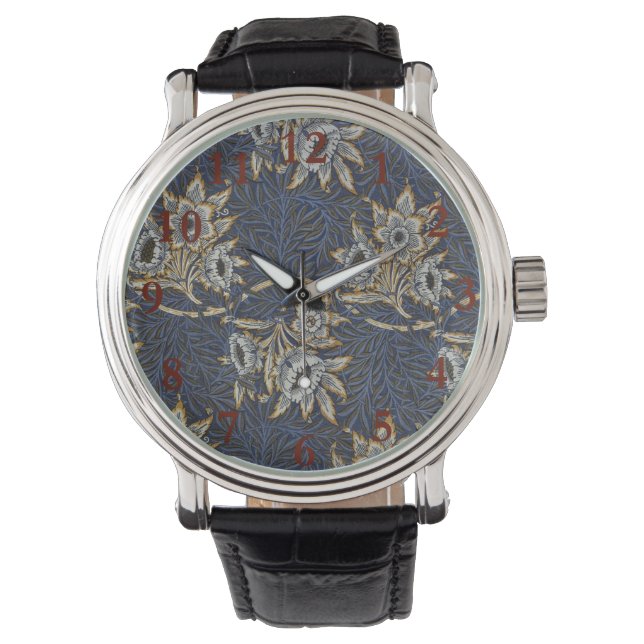 William Morris Tulpan Pilträdsmönster Blått Blommo Armbandsur (Framsida)