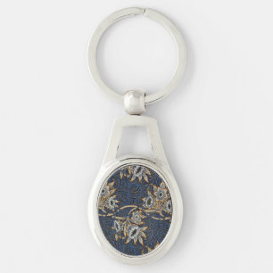 William Morris Tulpan Pilträdsmönster Blått Blommo Ovalt Silverfärgad Nyckelring