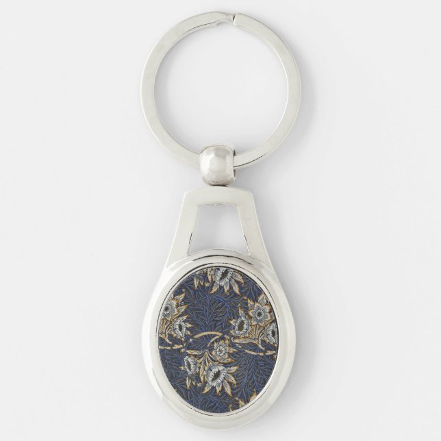 William Morris Tulpan Pilträdsmönster Blått Blommo Ovalt Silverfärgad Nyckelring (Framsidan)