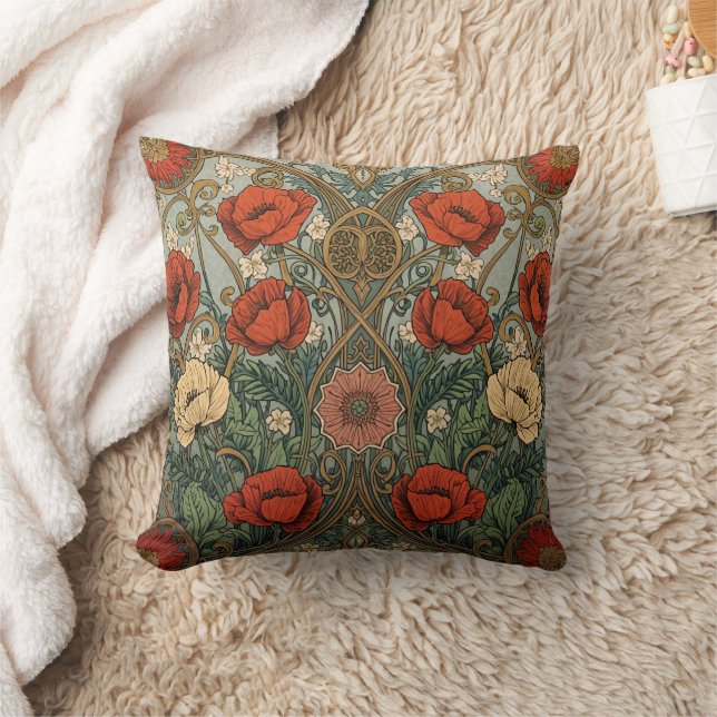 William Morris Vallmo Floral Art Nouveau-mönster  Kudde (Filt)