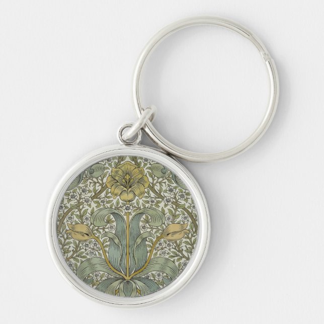 William Morris Vårbuske Gul Blommig Konst Rund Silverfärgad Nyckelring (Framsidan)