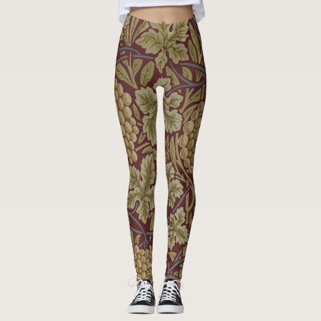 William Morris Vine Grape Red Grönt Art Leggings (Framsida)