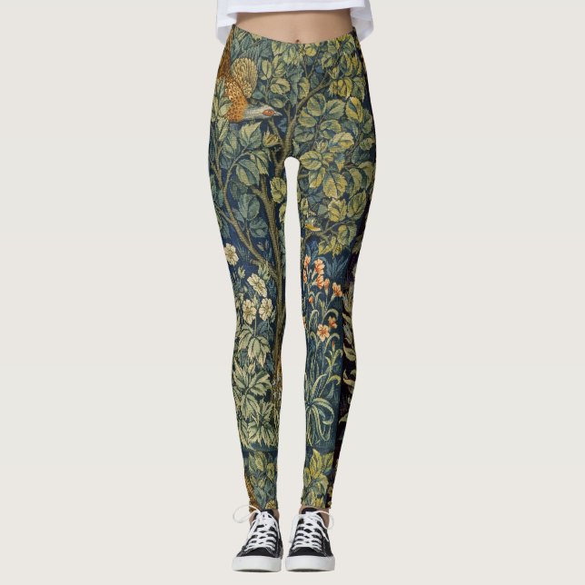 William Morris Vinröd Fasan Ekorre Blomma Leggings (Framsida)