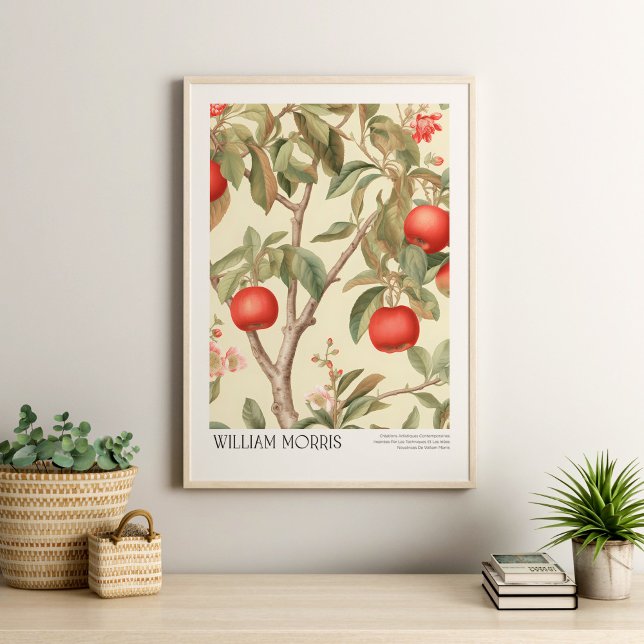 William Morris Vintage Apples and Blommars Poster (William Morris Vintage Apples and Blossoms Poster ina  neutral boho livingroom with plants.)