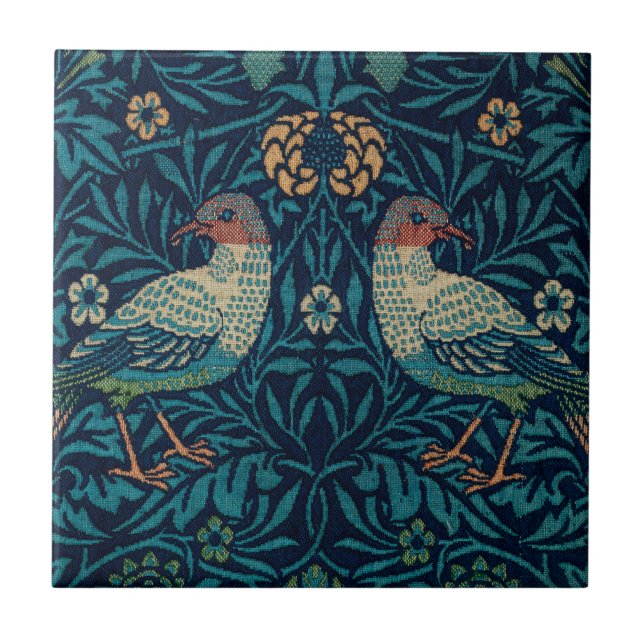 William Morris Vintage Blå Fåglar Mönster  Kakelplatta (Framsidan)