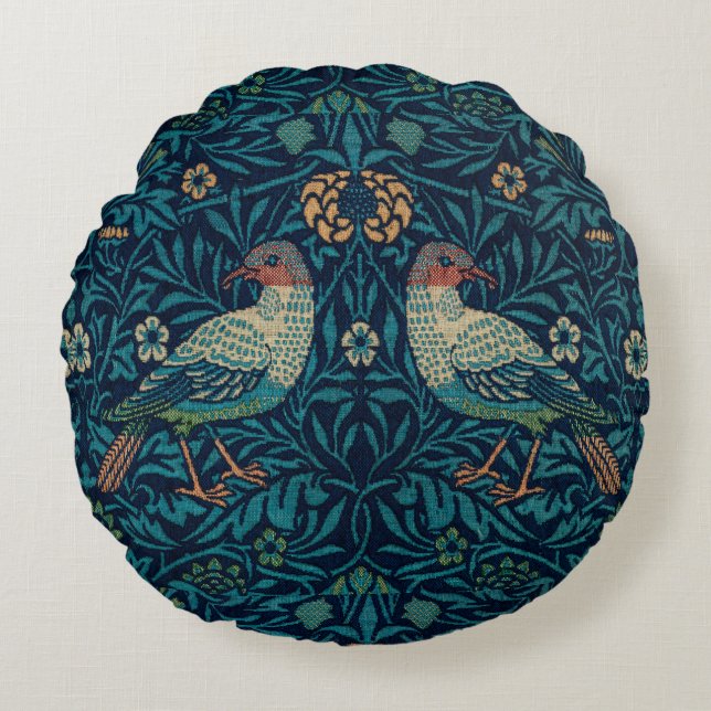 William Morris Vintage Blommigt Bird Rund Kudde (Framsidan)