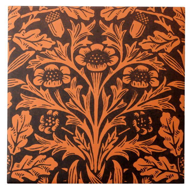 William Morris Vintage Bränd Orange Svart Mönster Kakelplatta (Framsidan)
