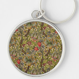 William Morris Vintage Golden Lilly Blommigt Desig Rund Silverfärgad Nyckelring