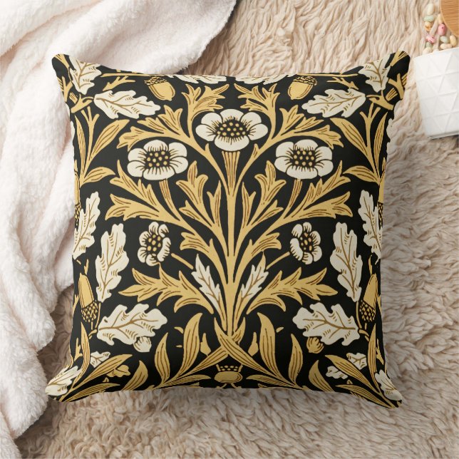 William Morris Vintage Guld Svart Ek Mönster Kudde (Filt)