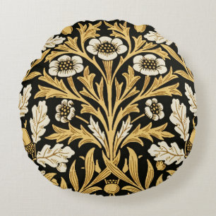 William Morris Vintage Guld Svart Ek Mönster Rund Kudde