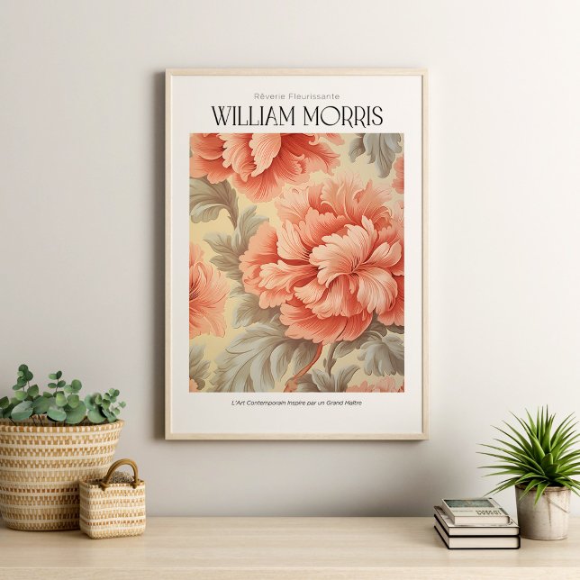 William Morris Vintage  Rosa Flowers Poster (William Morris Vintage Blush Pink Flowers Poster in a neutral boho living room with house plants)