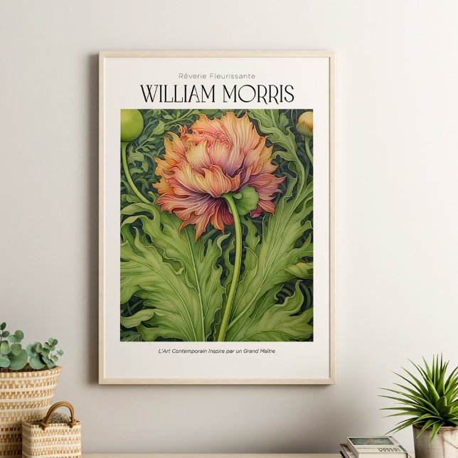 William Morris Vintage Rosa Wildblomma Poster (William Morris Vintage Pink Wildflower Poster in a neutral boho room in light beige wooden frame.)