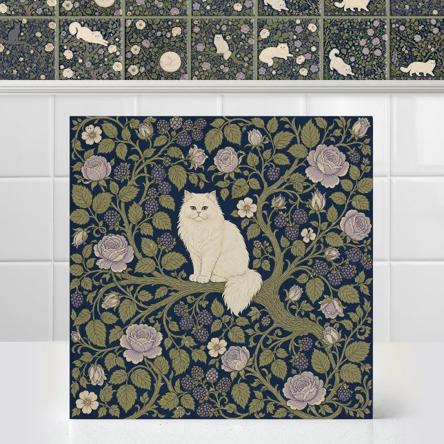 William Morris Vita Perserkatts Grenholk Kakelplatta (Antique Art Nouveau Mural Pattern William Morris White Persian Cat Branch Bower Ceramic Tile)