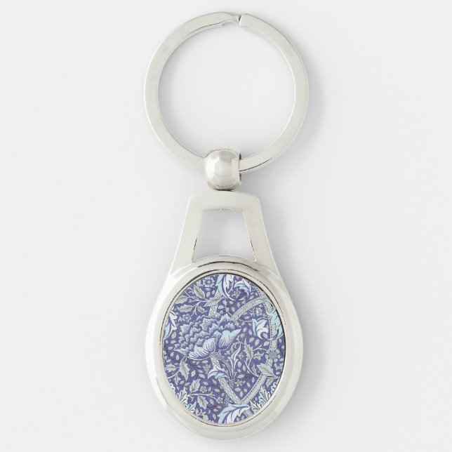 William Morris Windrush Blått Mönster Blommig Ovalt Silverfärgad Nyckelring (Framsidan)