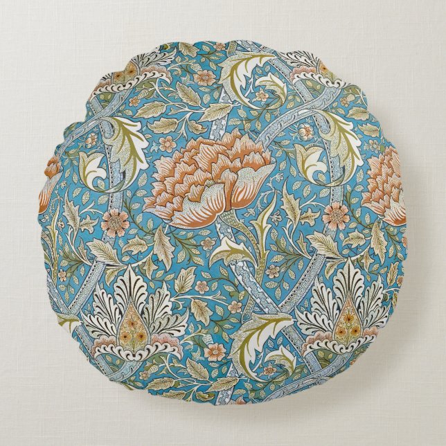 William Morris Windrush Blommönster Blå Rund Kudde (Framsidan)