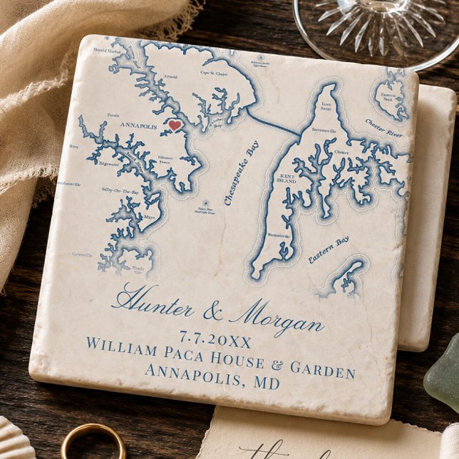William Paca House Bröllop Annapolis MD Karta  Stenunderlägg (William Paca House Wedding Favor Annapolis Map Keepsake Stone Coaster by Coastal Map Designs)