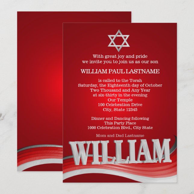 William Steel Wave Red Pub Mitzvah Inbjudningar (Fram/baksida)