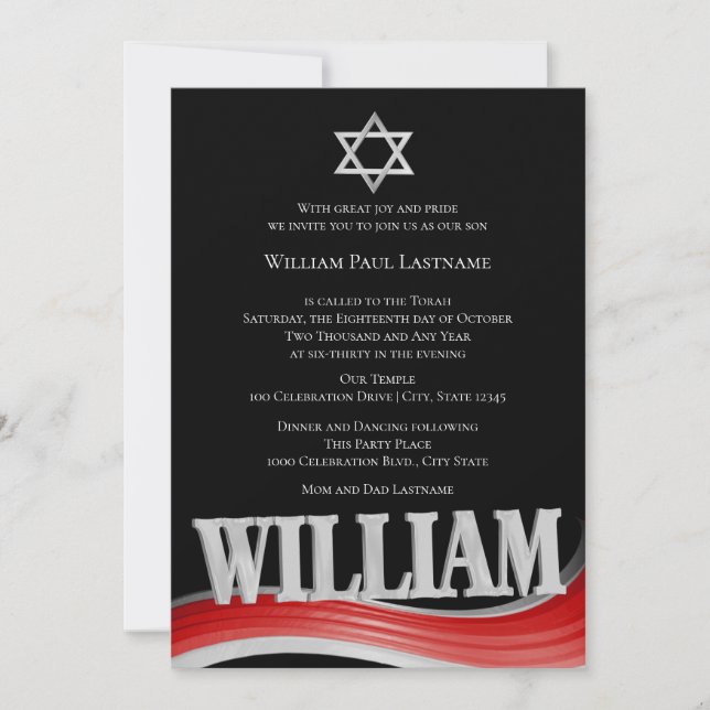 William Steel Wave Red Pub Mitzvah Inbjudningar (Framsida)