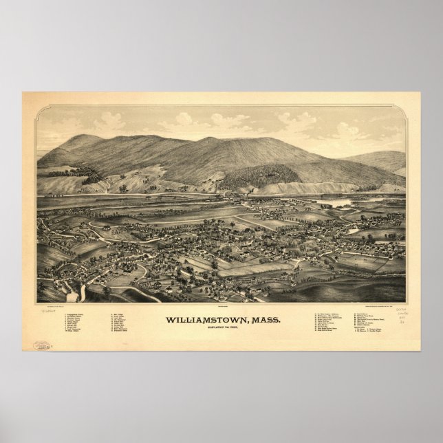 Williamstown Mass. 1889 Antique Panoramic Karta Poster (Framsidan)