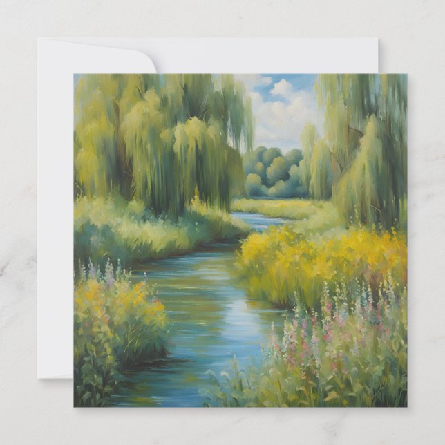Willow Träd och Wildblommor nära floden i Sommaren Kort (Framsida)