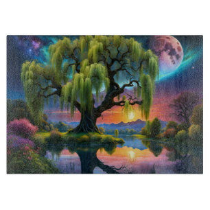 Willow träd under Full Moon N Starry himlar Sunset