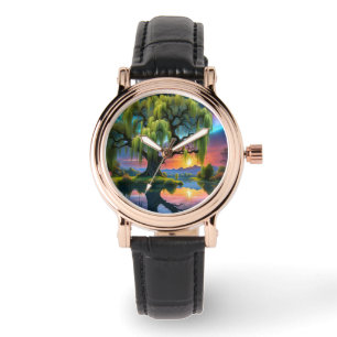 Willow träd under Full Moon N Starry himlar Sunset Armbandsur