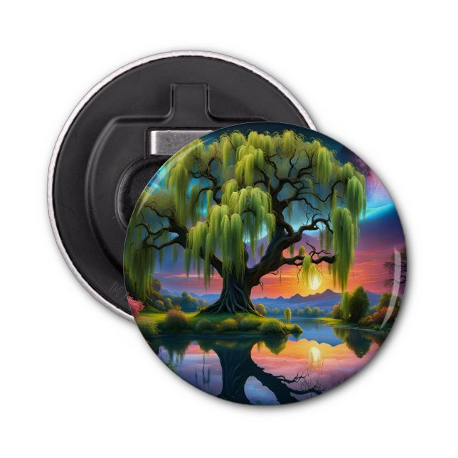 Willow träd under Full Moon N Starry himlar Sunset Flasköppnare (Framsidan)