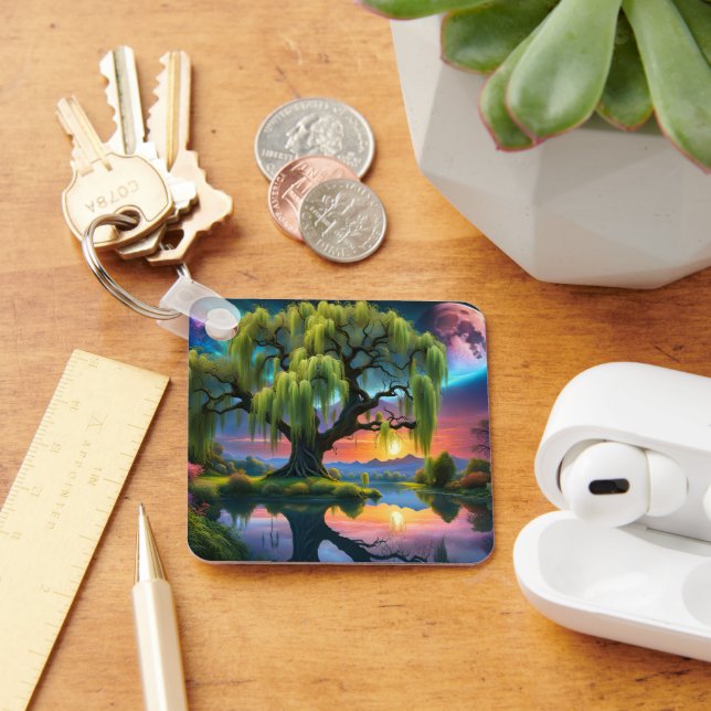 Willow träd under Full Moon N Starry himlar Sunset Nyckelring (Skrivbord)