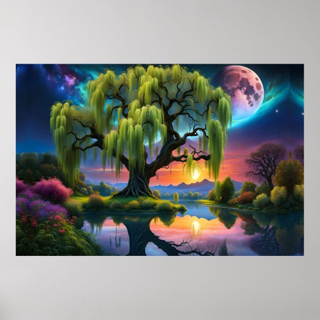Willow träd under Full Moon N Starry himlar Sunset Poster (Framsidan)