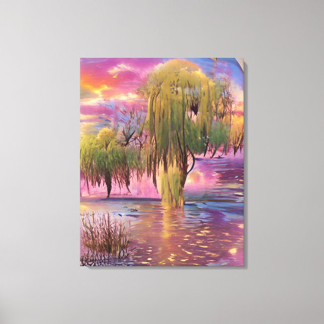 Willow träd vid Rosa sunset by pond Canvastryck (Framsida)