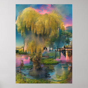 Willow träd vid solnedgången vid dammen poster