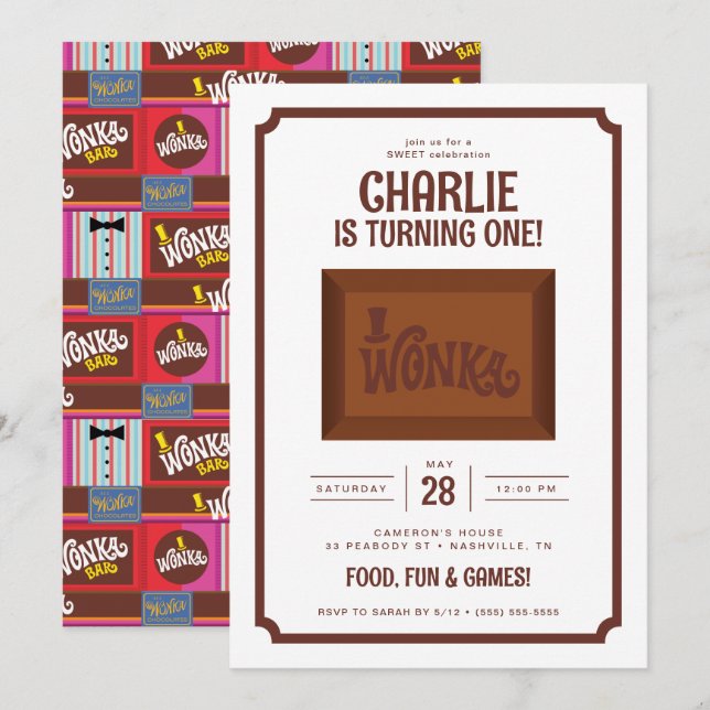 Willy Wonka & Chocolate Factory Birthday Inbjudningar (Fram/baksida)