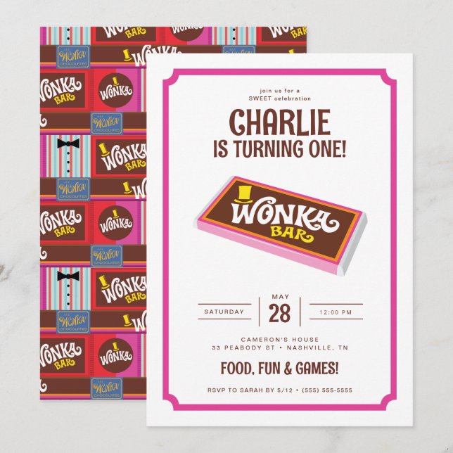 Willy Wonka & Chocolate Factory Birthday Inbjudningar (Fram/baksida)