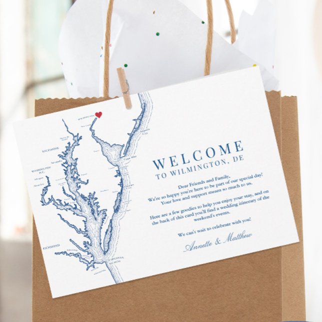 Wilmington Delaware Bröllop Welcome och Itinerary Tack Kort (These Wilmington Delaware wedding welcome letters have your wedding itinerary on the back)