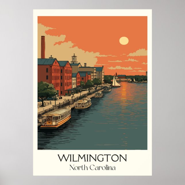 Wilmington NC Vintage Riverfront City Sunset Art Poster (Framsidan)