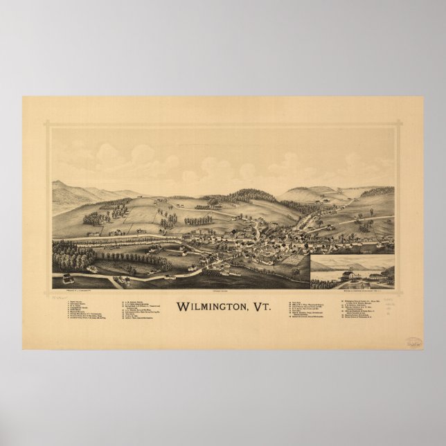 Wilmington Vermont 1891 Antique Panoramic Karta Poster (Framsidan)