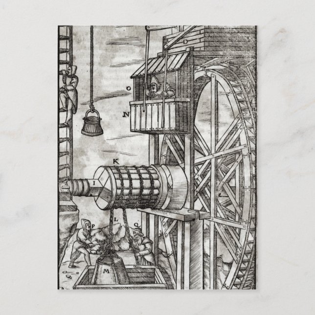 Winch för att hämta vatten från en gruva vykort (Framsida)