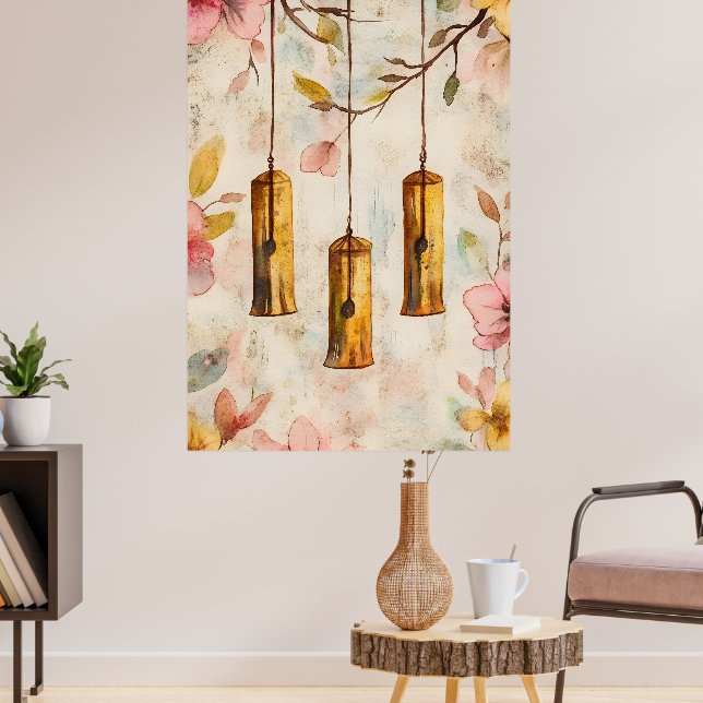 Wind chimes suspended from a flowering branch.  poster (Vardagsrum 3)