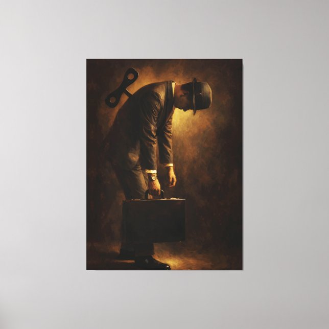 Wind-Up Office Man Surreal Routine Grind Oil Paint Canvastryck (Framsida)