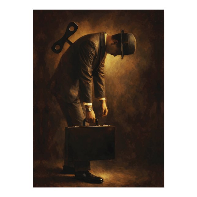 Wind-Up Office Man Surreal Routine Grind Oil Paint Fototryck (Framsidan)