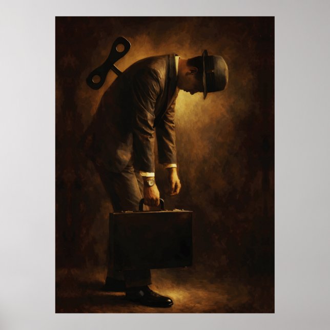 Wind-Up Office Man Surreal Routine Grind Oil Paint Poster (Framsidan)
