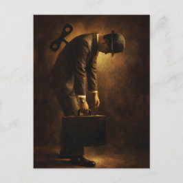 Wind-Up Office Man Surreal Routine Grind Oil Paint Vykort