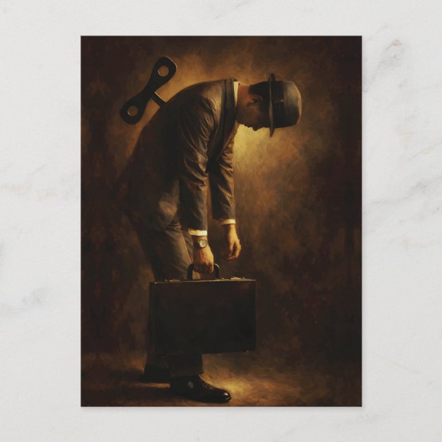Wind-Up Office Man Surreal Routine Grind Oil Paint Vykort (Framsida)