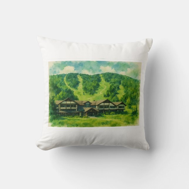 Windham Mountain Lodge NY Summer Watercolor Kudde (Framsida)