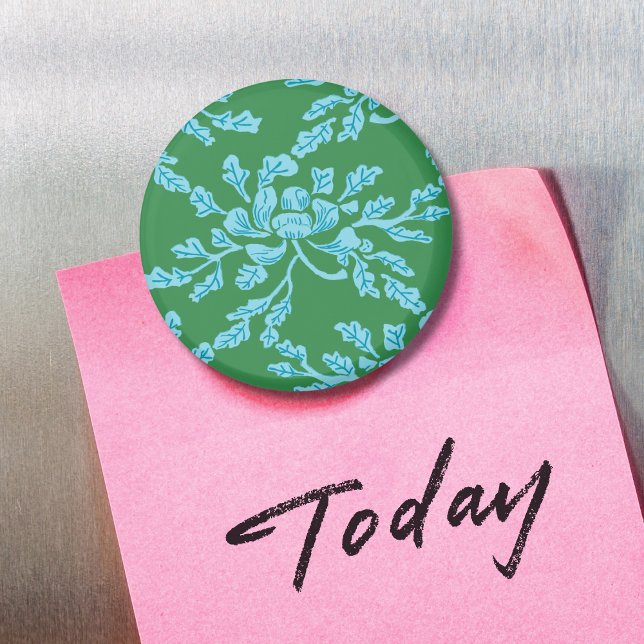 Winding Peony Woodcut in Green and Aqua Magnet (Skapare uppladdad)