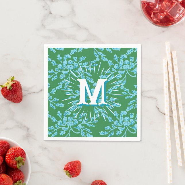 Winding Peony Woodcut in Green + Aqua Personalized Pappersservett (Insitu)