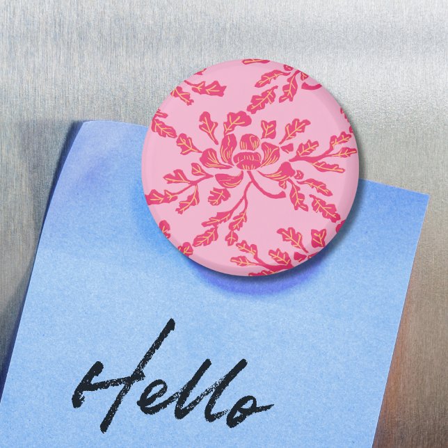 Winding Peony Woodcut in Pink and Orange Magnet (Skapare uppladdad)