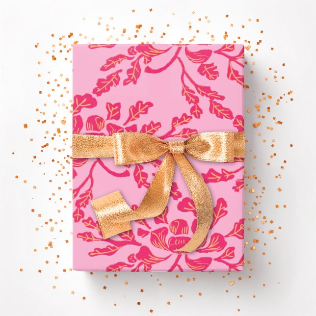 Winding Peony Woodcut in Pink and Orange Presentpapper (Skapare uppladdad)