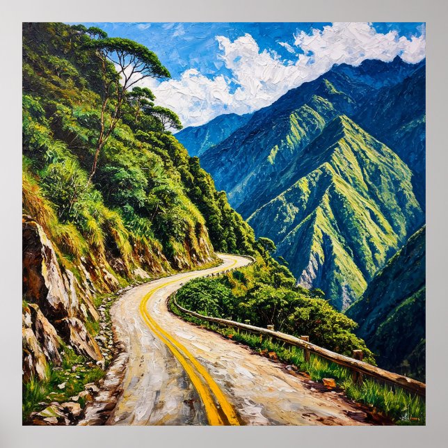 Winding Road, omgiven av Verdant Mountains Poster (Framsidan)